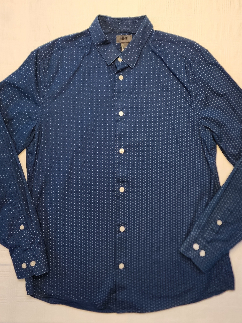 H&M Men's Dark Blue Button-Down Shirt with White Dot Pattern